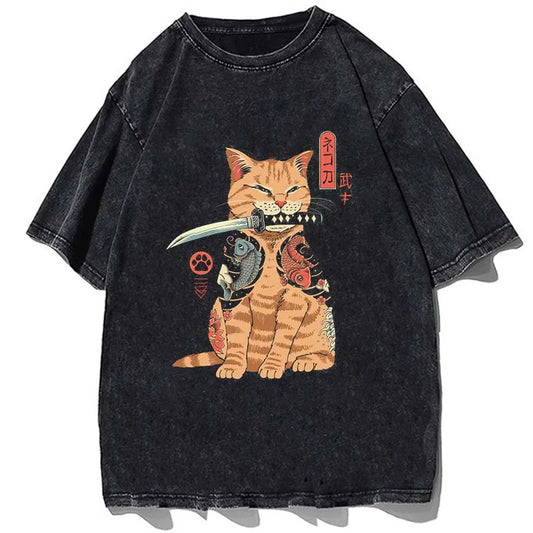 Vintage/Oversized Short Sleeve Tee - Samurai Ronin-Cat "PREMIUM DESIGN"