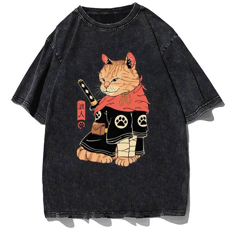 Vintage/Oversized Short Sleeve Tee - Samurai Ronin-Cat "PREMIUM DESIGN"